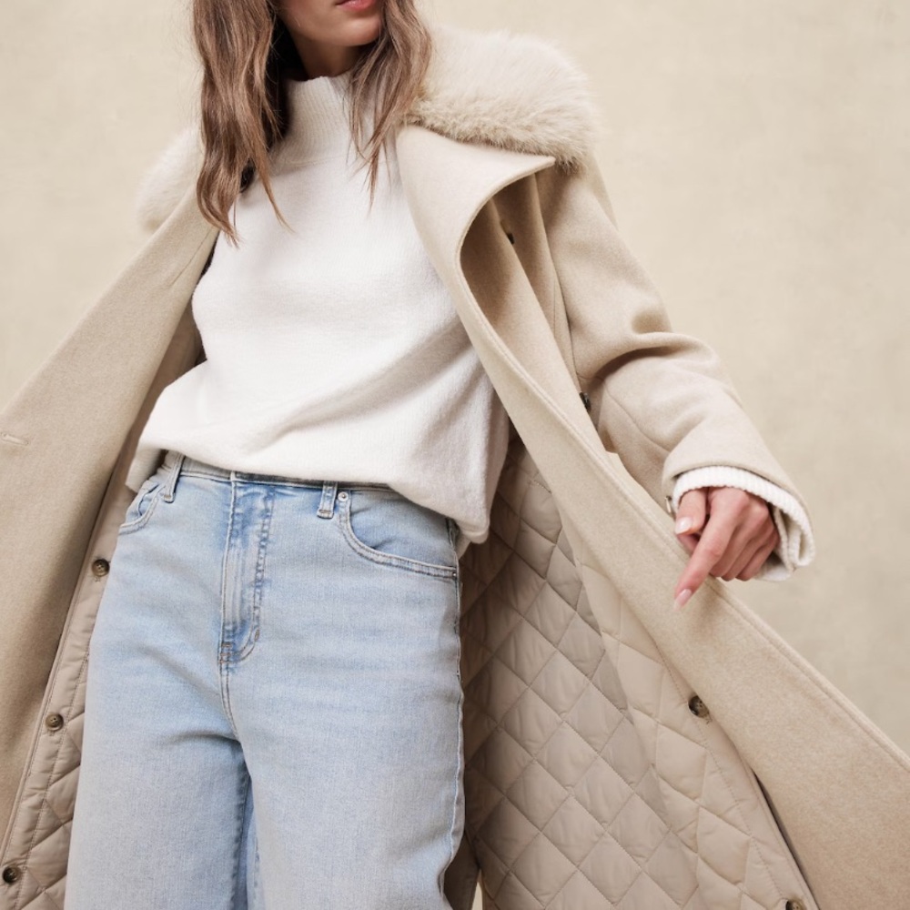 NWT XL Banana Republic Factory Cream Trench Coat with Fur Collar - Picture 4 of 5